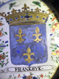 A Chinese famille verte "Provinces" dish with the arms of France, Kangxi/Yongzheng